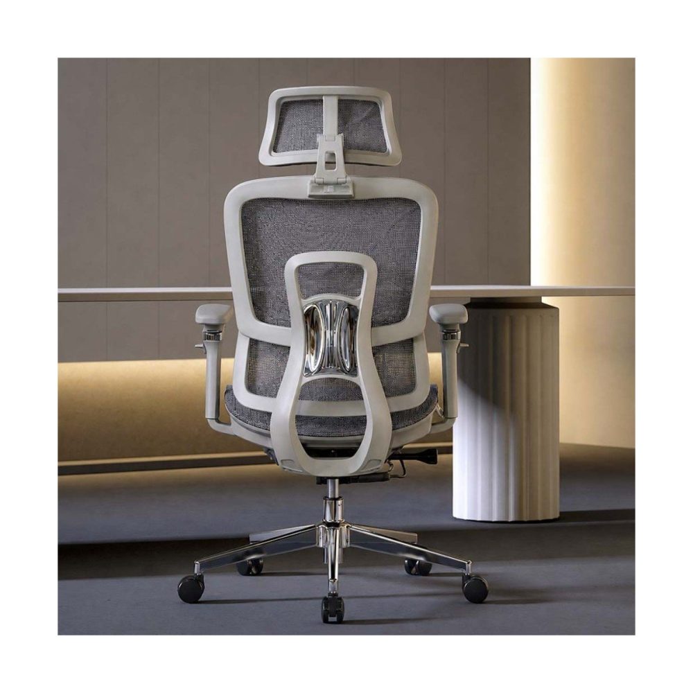 Scaun birou ergonomic gri din mesh cu tetieră reglabilă, brațe 4D și șezut culisant SYYT 9520