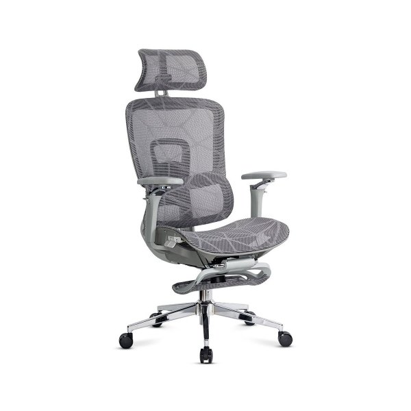 Scaun birou ergonomic gri din mesh cu tetieră reglabilă, brațe 4D și șezut culisant SYYT 9520