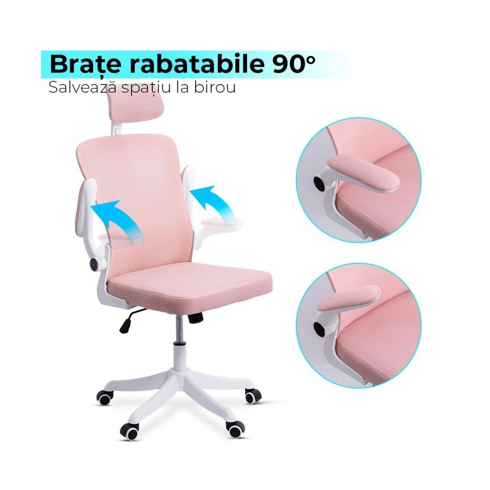 Scaun de birou ergonomic cu spatar inalt, suport lombar si cotiere rabatabile OFF 336 roz