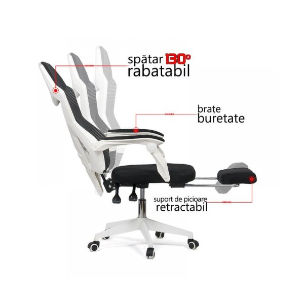 Scaun de gaming ergonomic cu suport de picioare OFF 424 alb