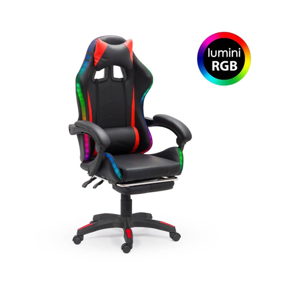 Scaun de gaming negru din piele ecologică cu lumini RGB OFF 303