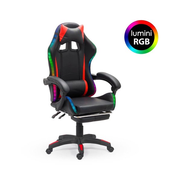 Scaun de gaming negru din piele ecologică cu lumini RGB OFF 303