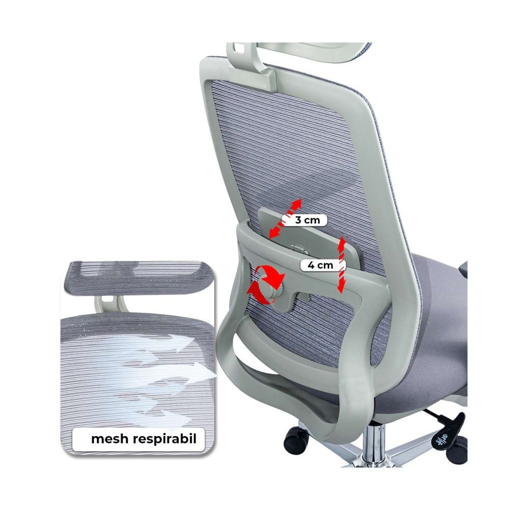 Scaun ergonomic de birou OFF 403 gri din mesh cu tetiera si suport lombar reglabile