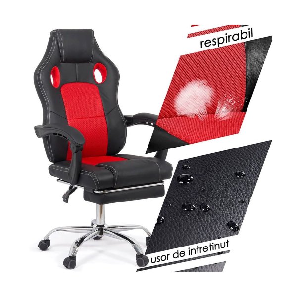 Scaun Gaming de birou cu suport de picioare OFF 3091 rosu