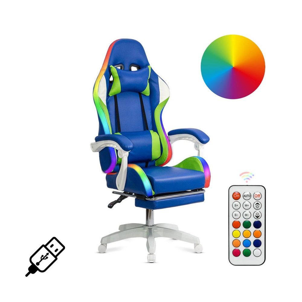 Scaun gaming ergonomic albastru din piele ecologică și bază albă cu iluminare RGB OFF 298