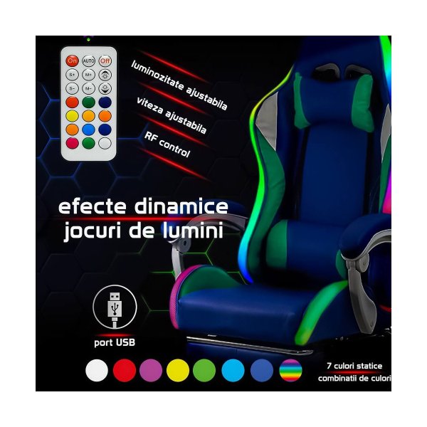 Scaun gaming ergonomic albastru din piele ecologică și bază albă cu iluminare RGB OFF 298
