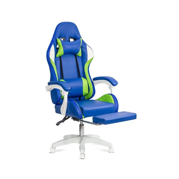Scaun gaming ergonomic albastru din piele ecologică și bază albă cu iluminare RGB OFF 298