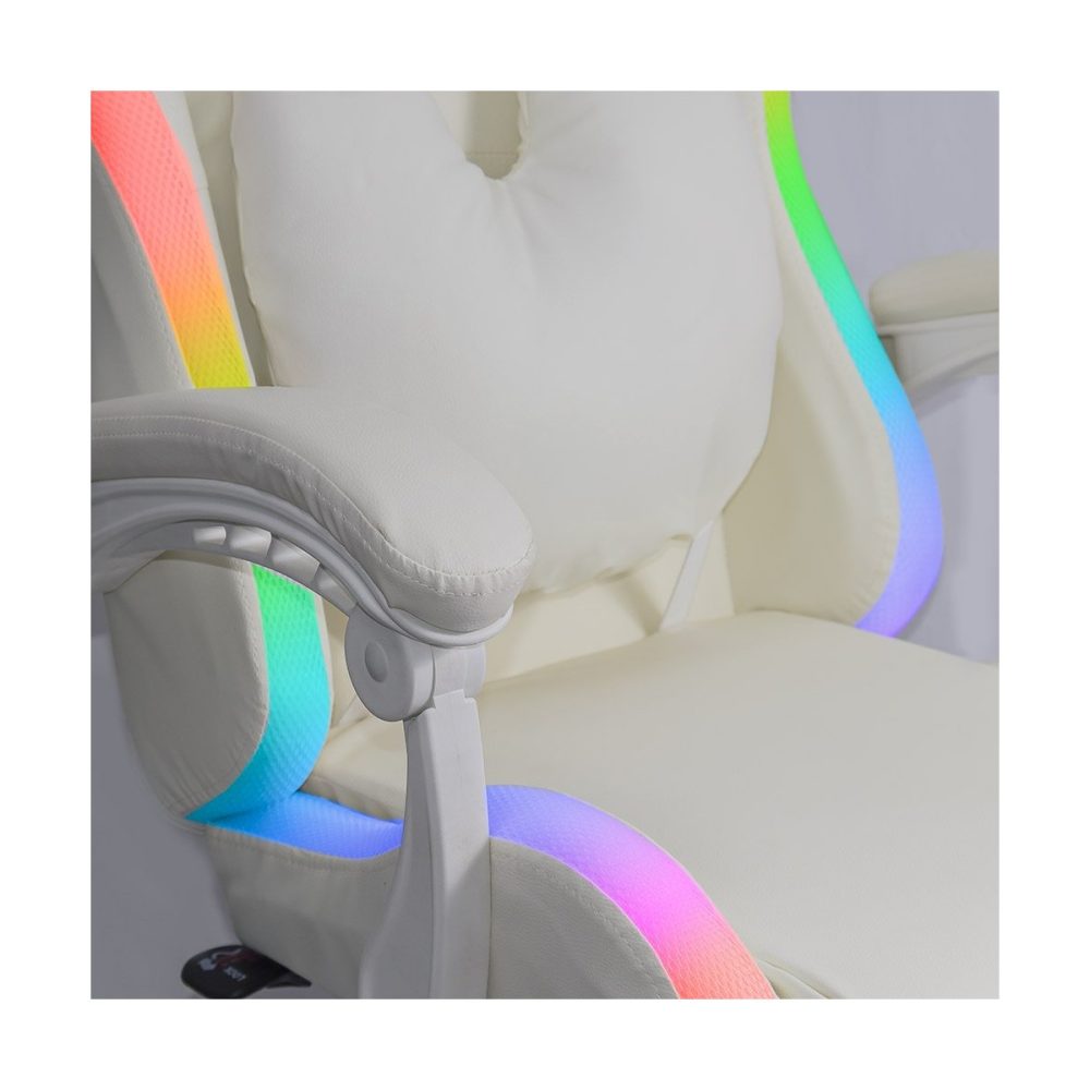 Scaun gaming ergonomic crem din piele ecologică cu suport de picioare si iluminare RGB OFF 298