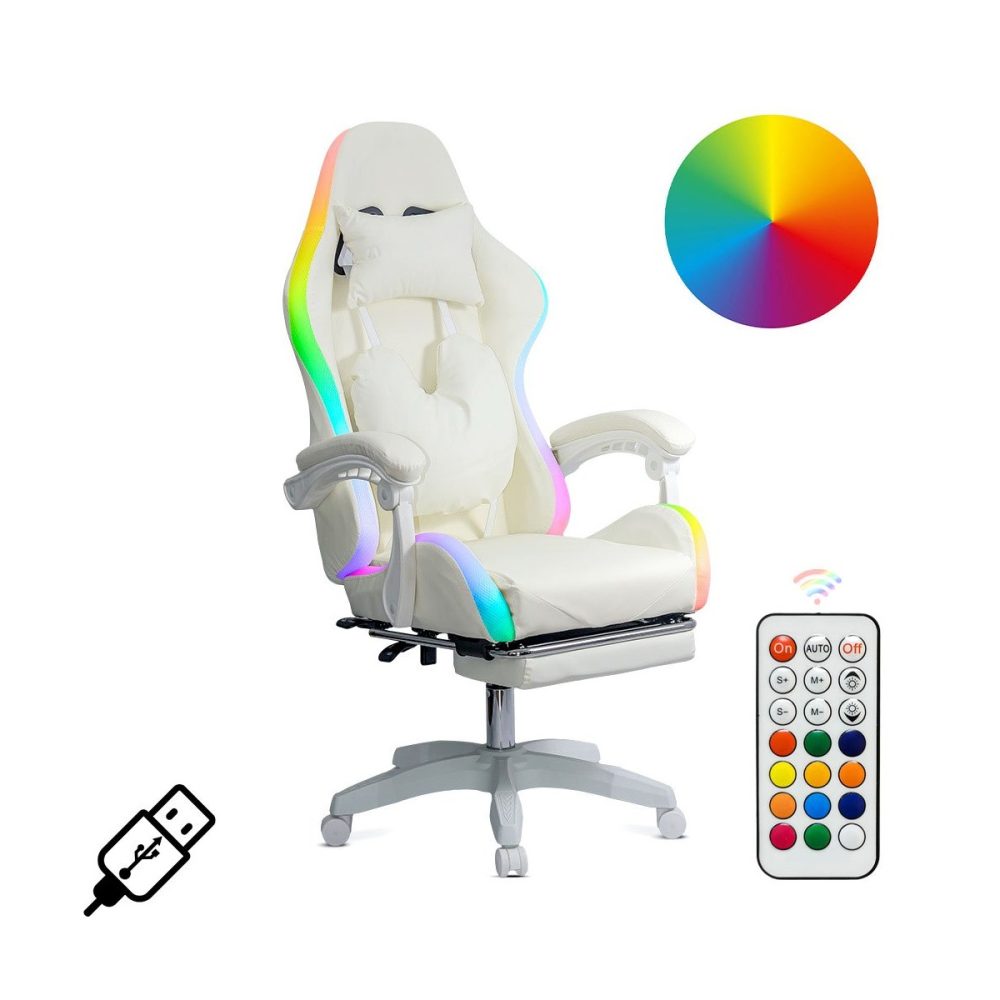 Scaun gaming ergonomic crem din piele ecologică cu suport de picioare si iluminare RGB OFF 298