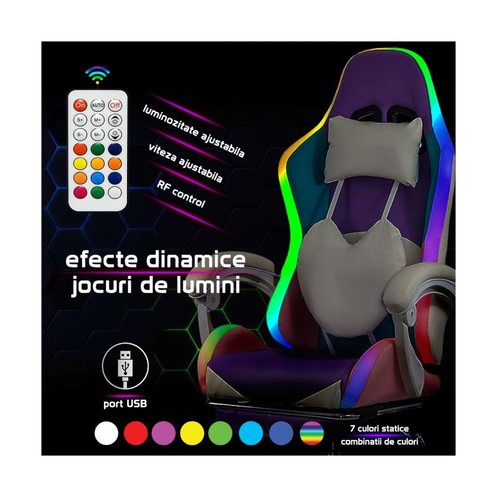 Scaun gaming mov si roz cu suport de picioare si banda LED RGB OFF 298