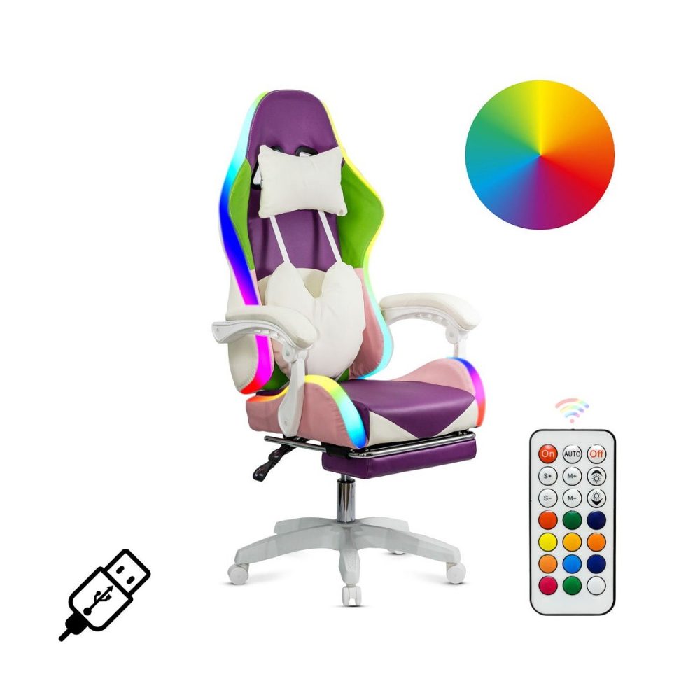 Scaun gaming mov si roz cu suport de picioare si banda LED RGB OFF 298