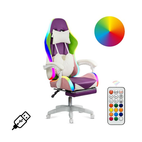 Scaun gaming mov si roz cu suport de picioare si banda LED RGB OFF 298