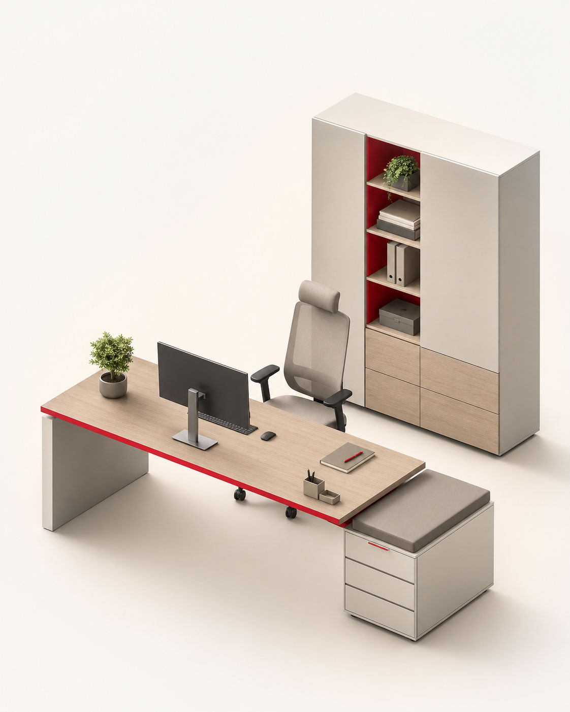 Concept de mobilier de birou personalizat cu birou executiv, scaun ergonomic și spații de depozitare